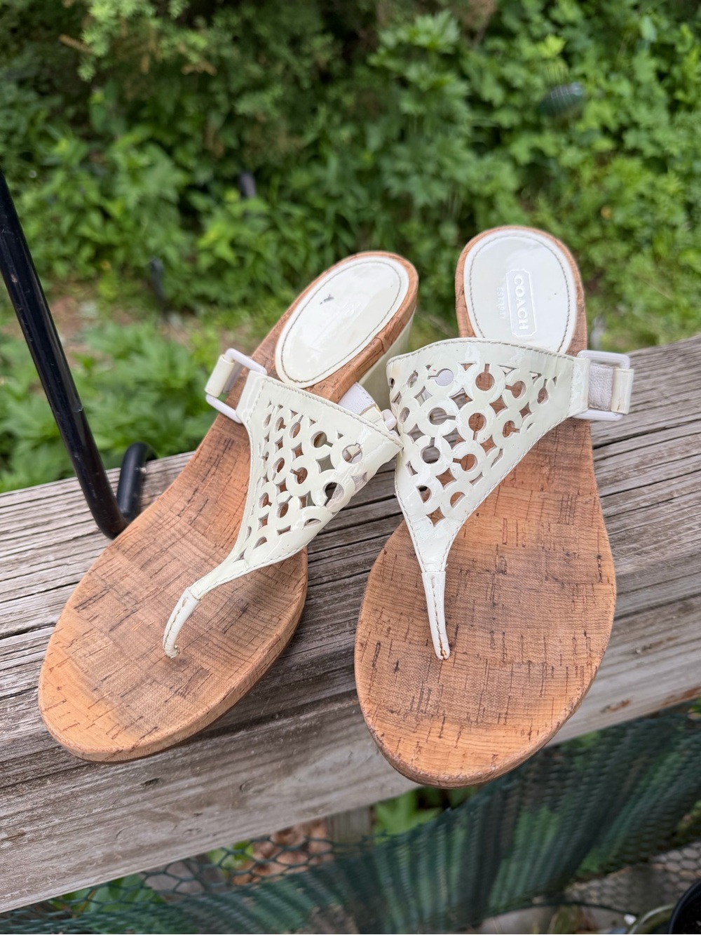 Coach Brook Patent Wedge Heel As Is Size 8.5 Beige Comfortable Well Loved
